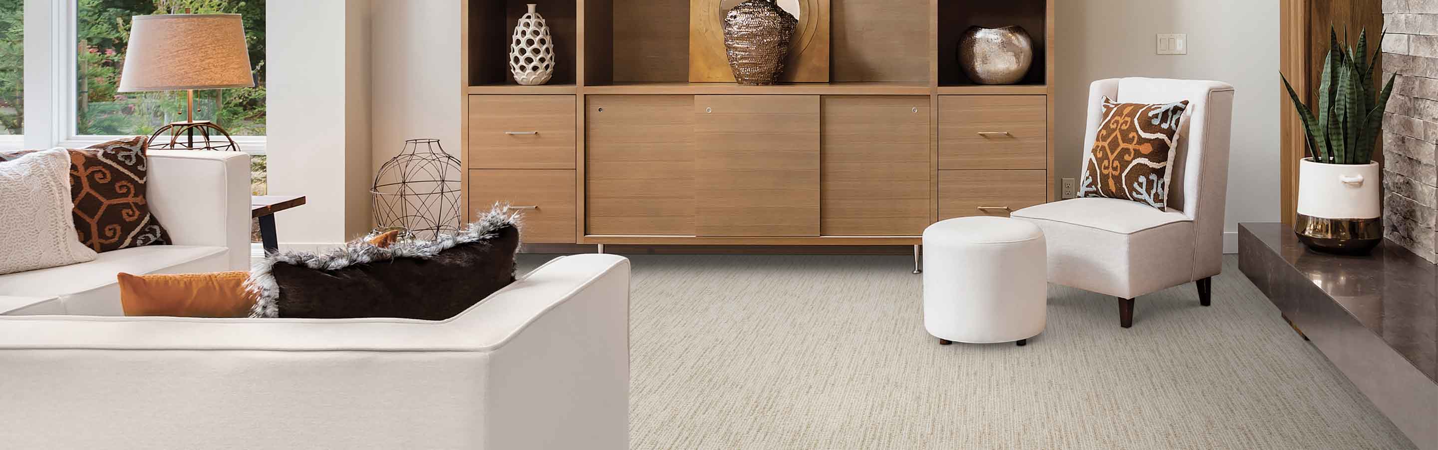 two-toned cream carpet in modern living room with white furniture and custom wood built in 